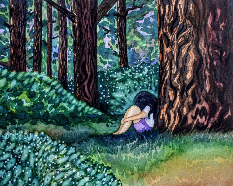 A girl hides alone in the forest.